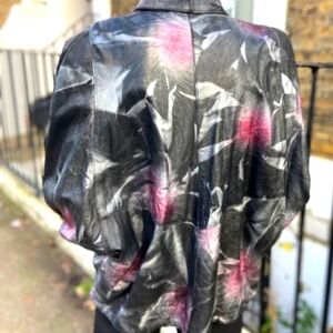 Vtg Black Leather Silver & Pink Abstract Painted‎ Jacket Made In Turkey 38/Lrg